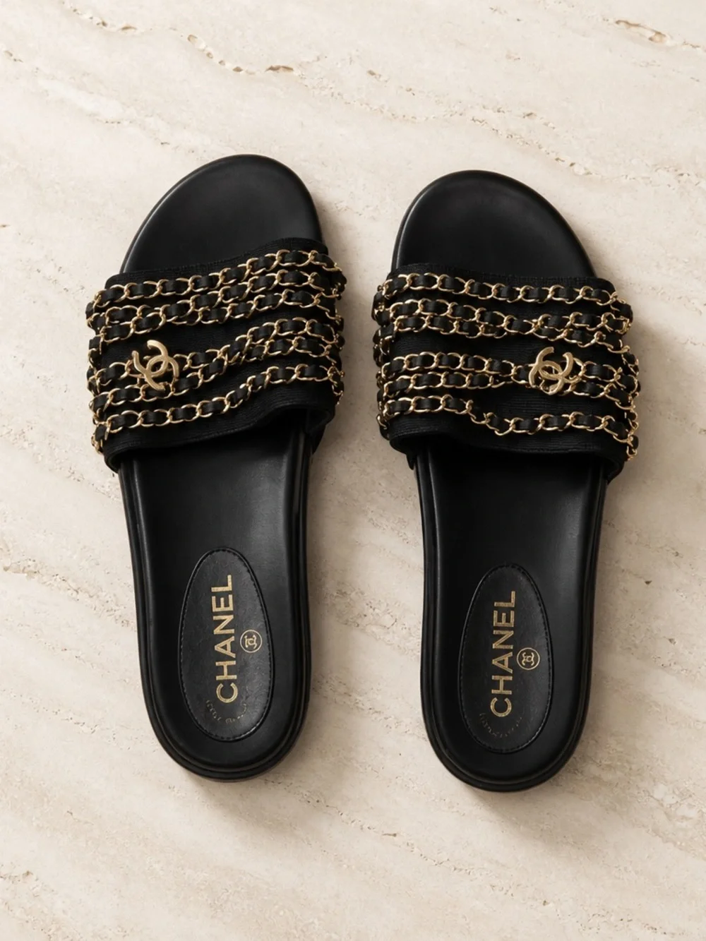 CHANEL Black Slides with Gold Chain Straps